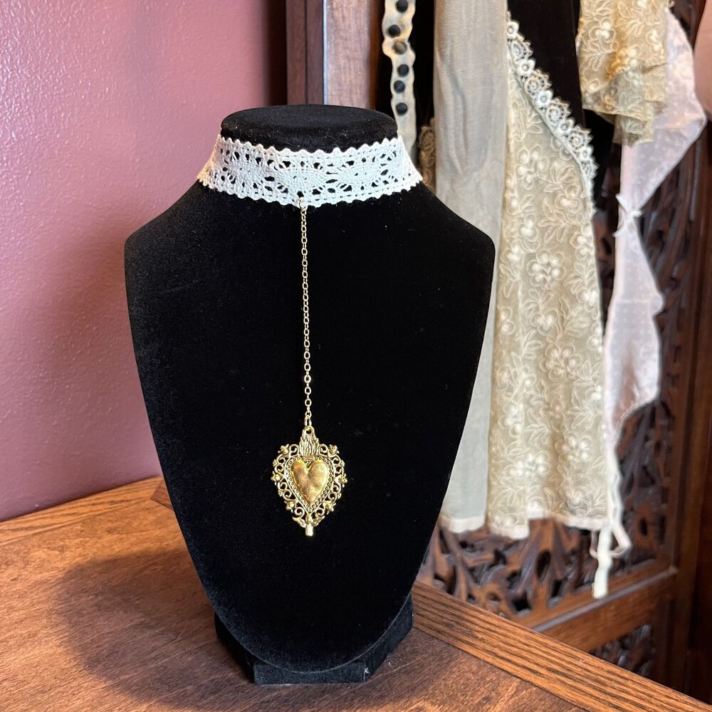 Gold Plated Sacred Heart Drop Choker Antique-Style Lace Whimsygoth Eccentric